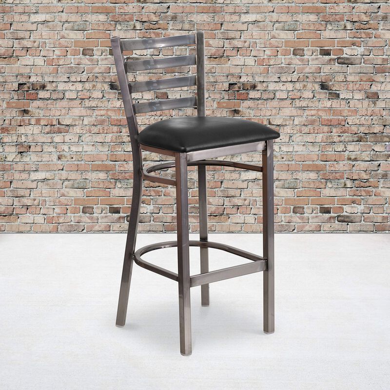 Flash Furniture HERCULES Series Clear Coated Ladder Back Metal Restaurant Barstool - Black Vinyl Seat