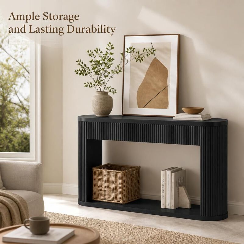 GOODSILO Oval Fluted Console Table with 2 Drawers & Bottom Shelf, Wood Entryway Table with Metal Slides for Living Room Entryway image number 4