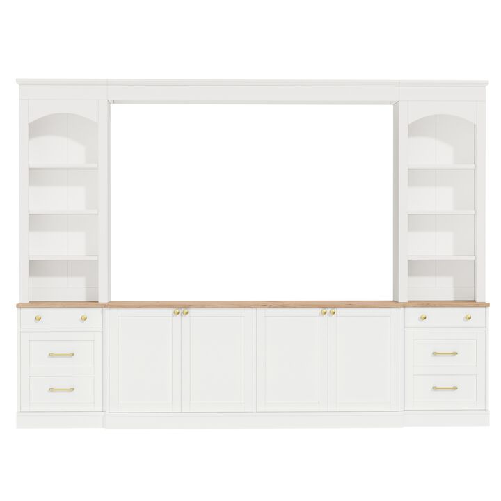 Whisen 106 Inch Farmhouse Entertainment Center with Drawers, Rustic TV Stand & Bookshelf Media Console for Living Room
