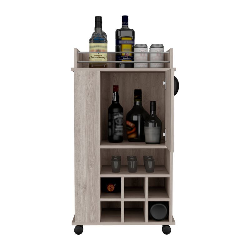 Fargo Bar Cart with Cabinet, 6 Built-in Wine Rack and Casters -Black