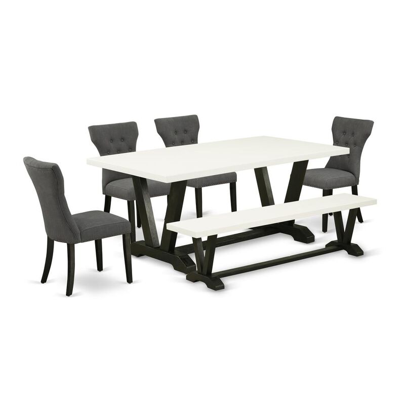 East West Furniture 6-Piece Dinette Table Set-Dark Gotham Grey Linen Fabric Seat and Button Tufted Chair Back Parson chairs, A Rectangular Bench and Rectangular Top Modern Dining Table with Wooden Leg