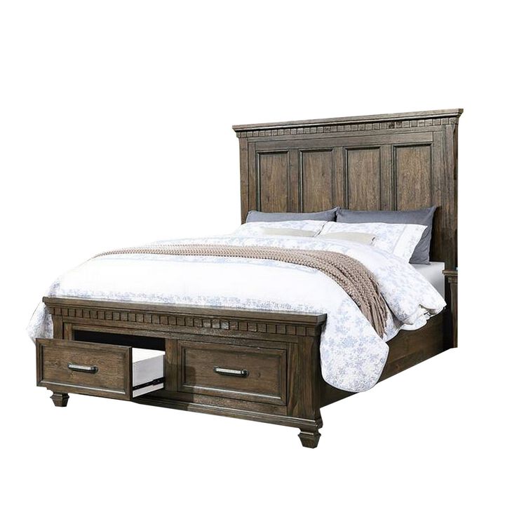 Ziv Classic Wood Queen Size Bed with Storage Drawers, Metal Handles, Brown - Benzara