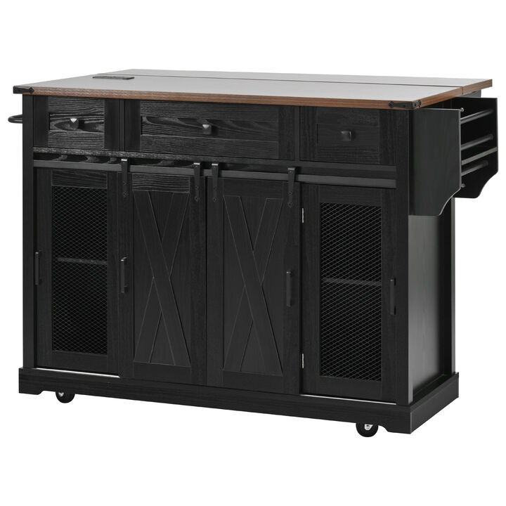 Merax Farmhouse Kitchen Island with Storage, Sliding Barn Door & Metal Grid Side Door