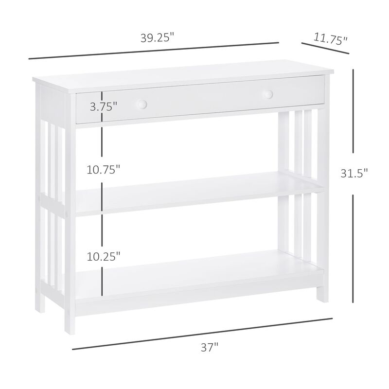 White Modern Console: Table with Drawers and Shelves for Living Room