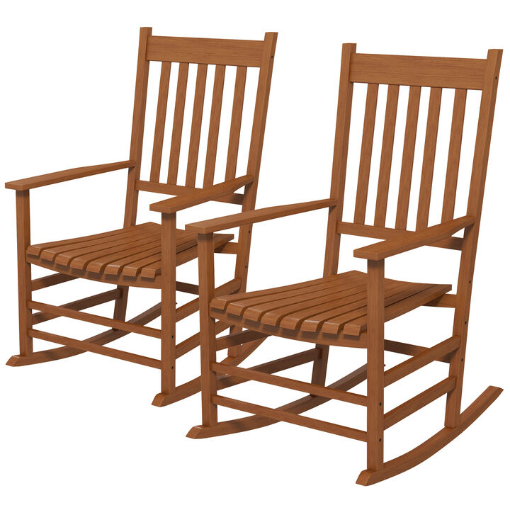 Outsunny Wooden Rocking Chair Set of 2, Outdoor Rocker Chairs with Curved Armrests, High Back & Slatted Seat for Garden, Balcony, Porch, Supports Up to 352 lbs., Teak