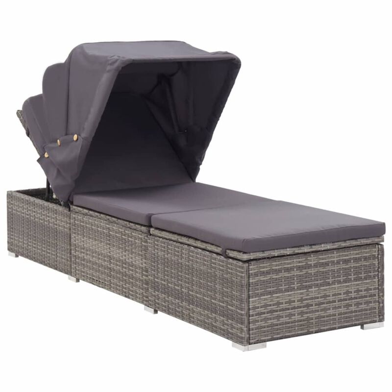vidaXL Sun Lounger with Canopy and Cushion Poly Rattan Gray