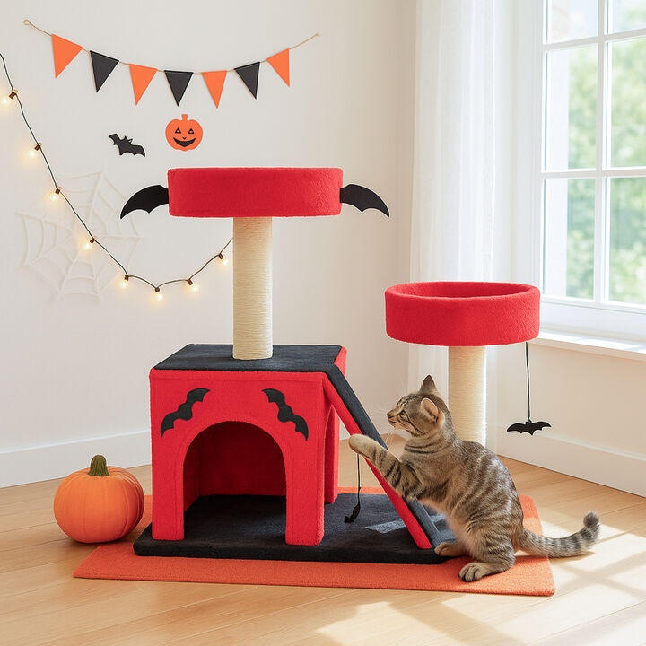 Cat Tower with Condo &ndash; 26" Gothic Cat Tree, Scratching Ladder, Perches & Spider Toy