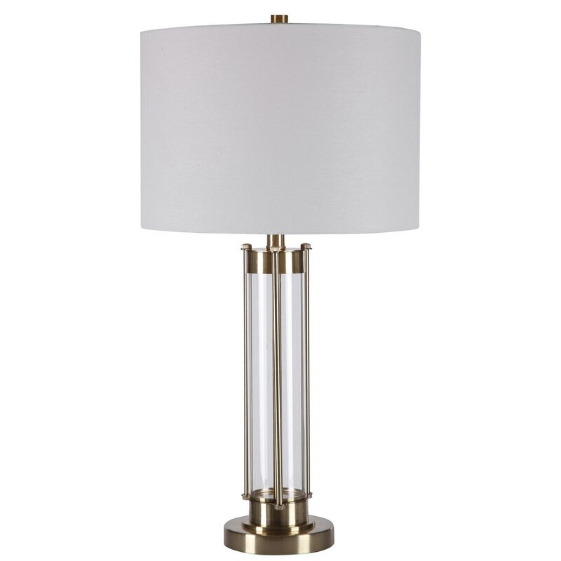 28 Inch Metal and Glass Stacked Base Table Lamp, Gold-Benzara image number 1