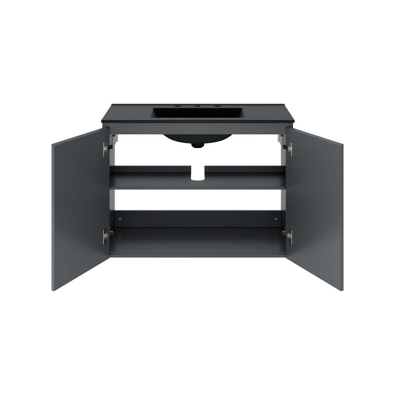 Modway Bryn 36" Modern Wood/Ceramic Wall-Mount Bathroom Vanity in Gray/Black image number 3