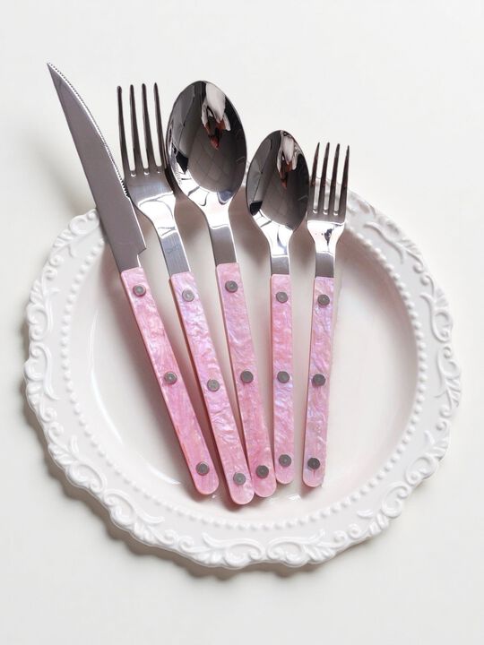 Pinky Salt Lake Flatware Set of 10 Pcs, Modern Marble Pattern Rivet Stainless Steel Cutlery Silverware