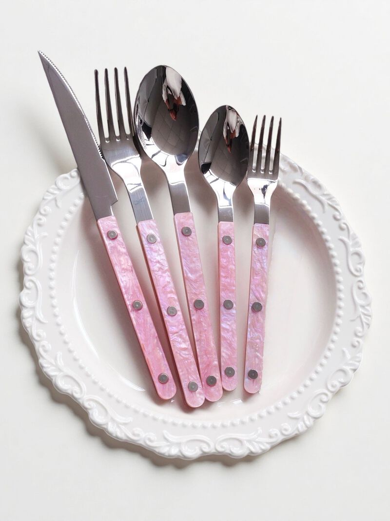 Pinky Salt Lake Flatware Set of 10 Pcs, Modern Marble Pattern Rivet Stainless Steel Cutlery Silverware