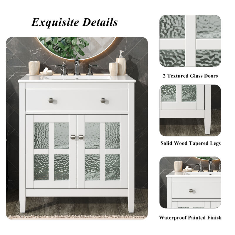 30" White Bathroom Vanity with Ceramic Sink