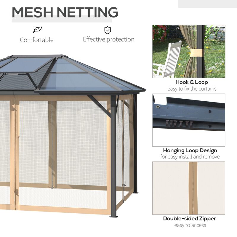 12' x 10' Hardtop Polycarbonate Gazebo Canopy Aluminum Frame Pergola with Top Vent and Netting for Garden, Patio, Grey