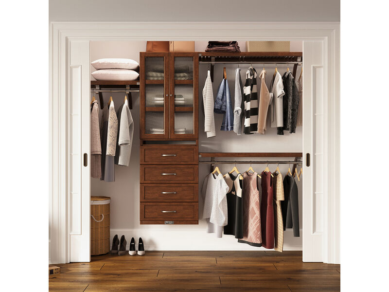 Solid Wood Walk-In Closet Organizer with 4 Shaker Style Drawers and Glass Doors
