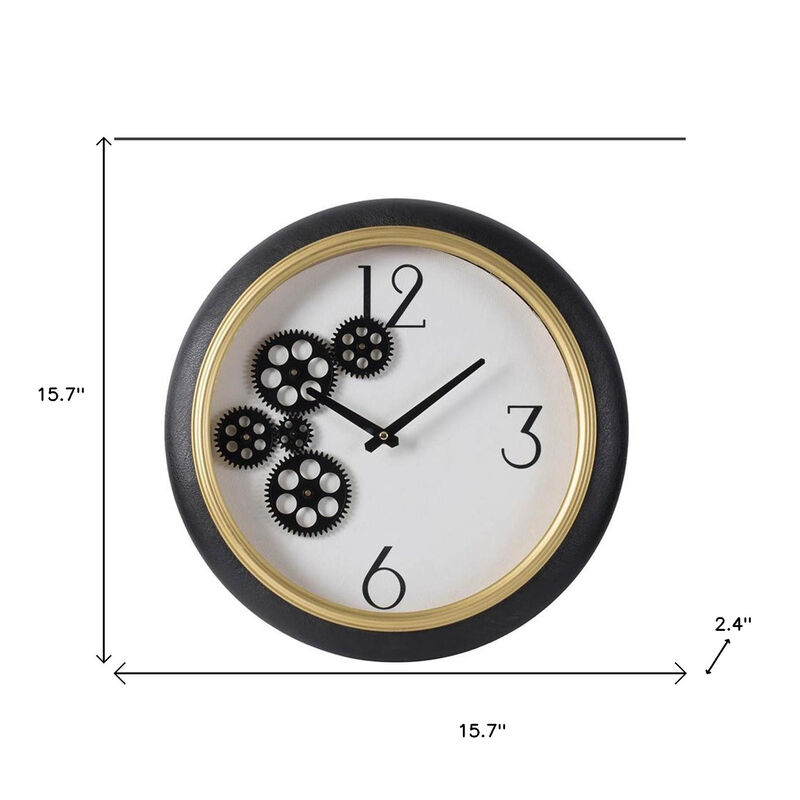 HomeRoots 16" Black Gold And White Faux Leather And Iron Analog Exposed Gear Round Wall Clock image number 6