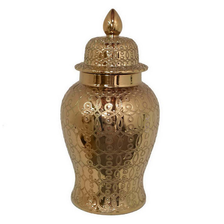 Deni 25 Inch Temple Jar, Large Classic Curved Design, Lid Gold Ceramic - Benzara