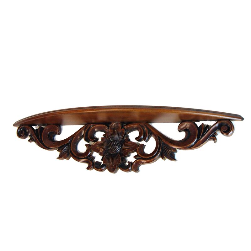 Hand Carved Wooden Moonbay Wall Shelf in Floral Design, Brown - Benzara