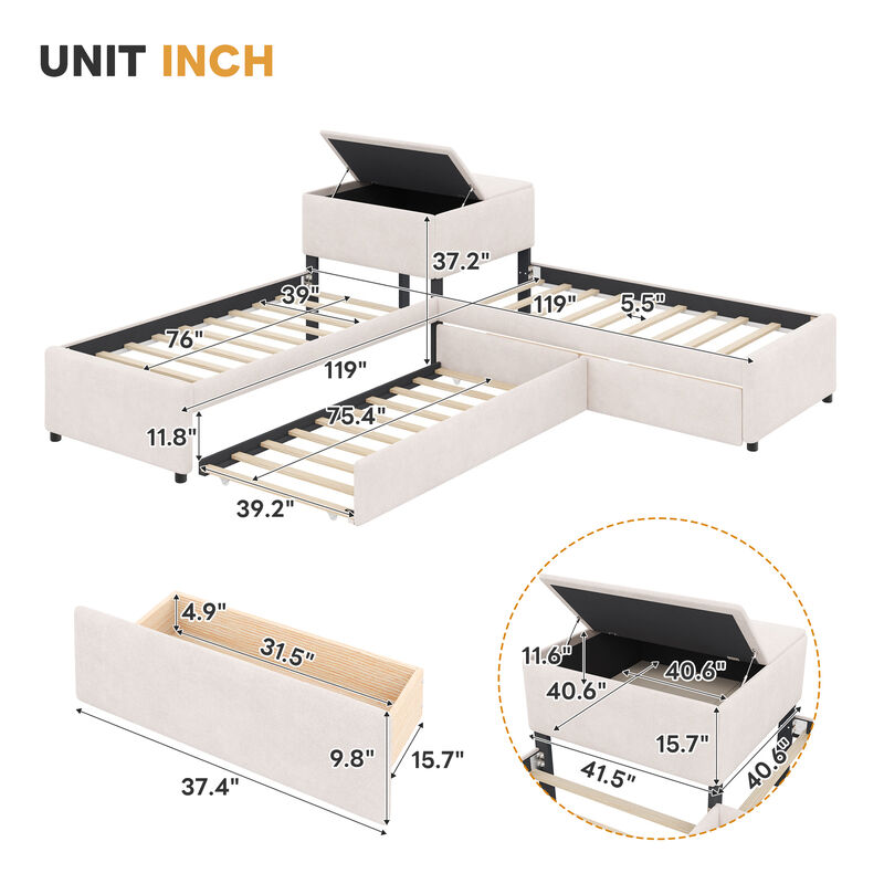 Merax L-Shaped Twin Upholstered Platform Bed with 3 Beds, Built-in Table & Storage Drawers image number 4