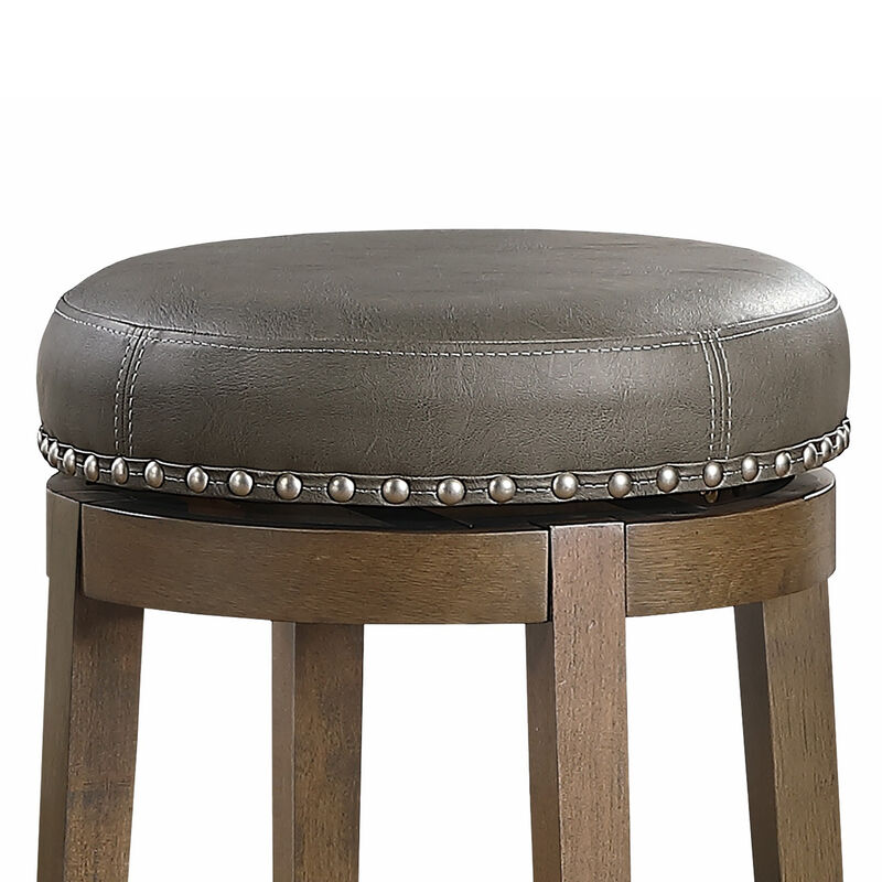 Bara 25 Inch Swivel Counter Stool Gray Round Faux Leather, Brown, Set of 2