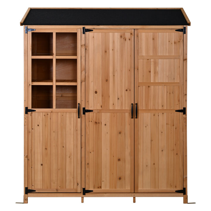Whisen 60.6" Rustic Fir Wood Garden Shed with 2 Drawers, 7 Shelves & Workstation, Outdoor Backyard Storage Cabinet