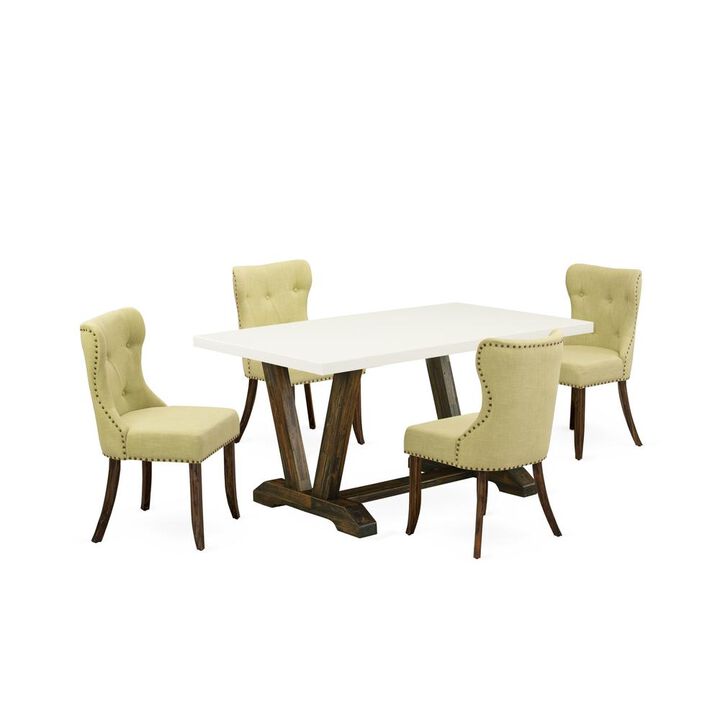 East West Furniture 5-Pc Kitchen Dining Room Set- 4 Parson Dining Room Chairs with Limelight Linen Fabric Seat and Button Tufted Chair Back - Rectangular Table Top & Wooden Legs - Linen Wh