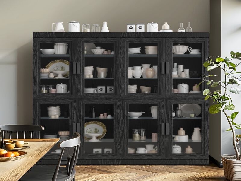 62" High Black Glass Door Wood Grain Decorative Storage Cabinet Display Cabinet, with Sufficient Space for 12 Shelves