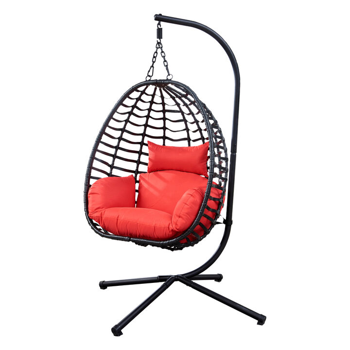 Outdoor Rattan Hanging Oval Egg Chair in Stock, 37" Lx35" Dx78" H (Red)