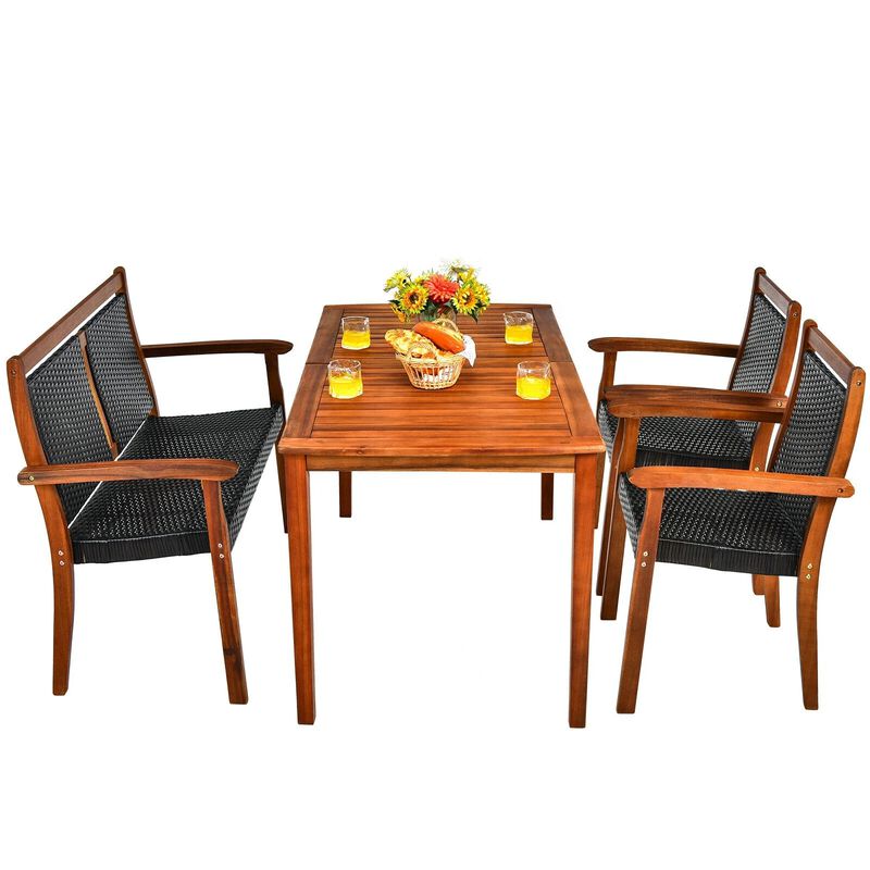 Mondawe 4-Piece Outdoor Acacia Wood Patio Set,Loveseat & Rectangular Table With Umbrella Hole