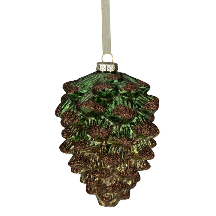 4.5" Green Pine Cone with Bronze Glitter Glass Christmas Ornament