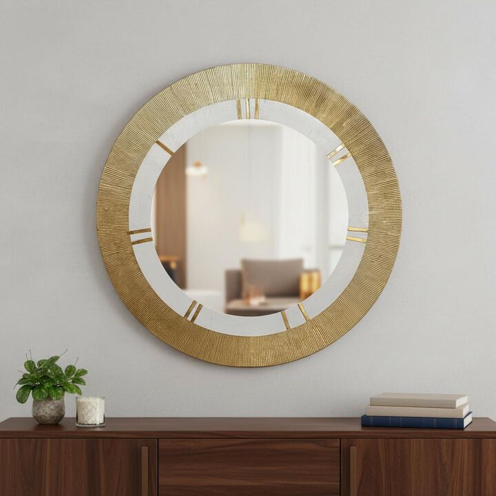 HomeRoots 36" Gold and White Round Aluminum Ribbed Edge Framed Accent Mirror