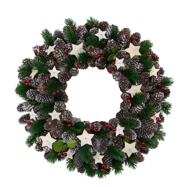 Pine Cone with Berries and Stars Artificial Christmas Wreath  14-Inch  Unlit