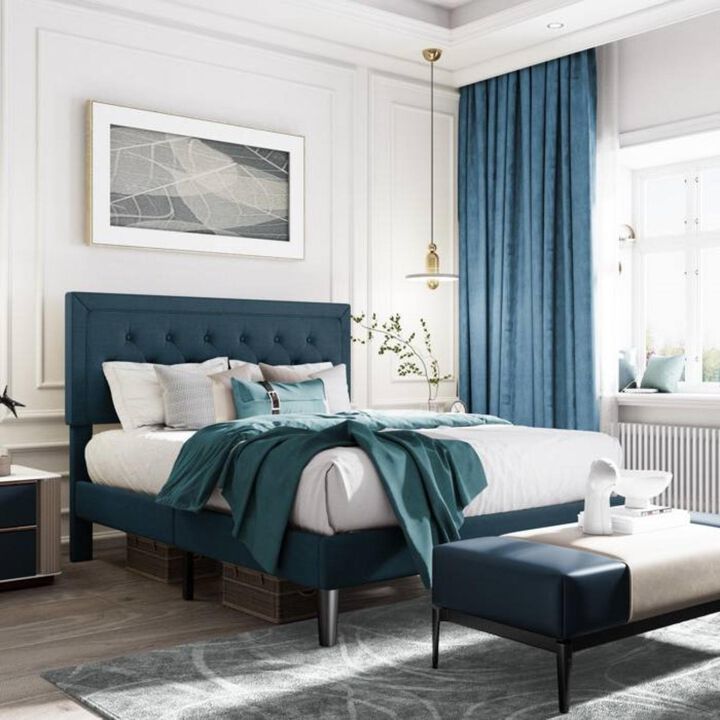 Hivvago King Adjustable Height Platform Bed Frame with Blue Upholstered Headboard