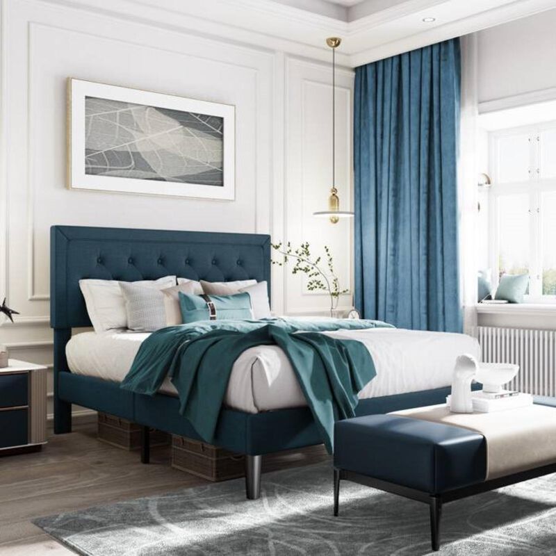 Hivvago King Adjustable Height Platform Bed Frame with Blue Upholstered Headboard