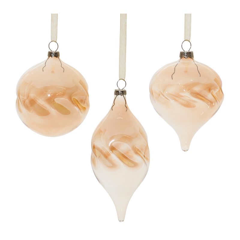 Set of 12 Ombre Amber Glass Ornaments with Wavy Design for Seasonal Display