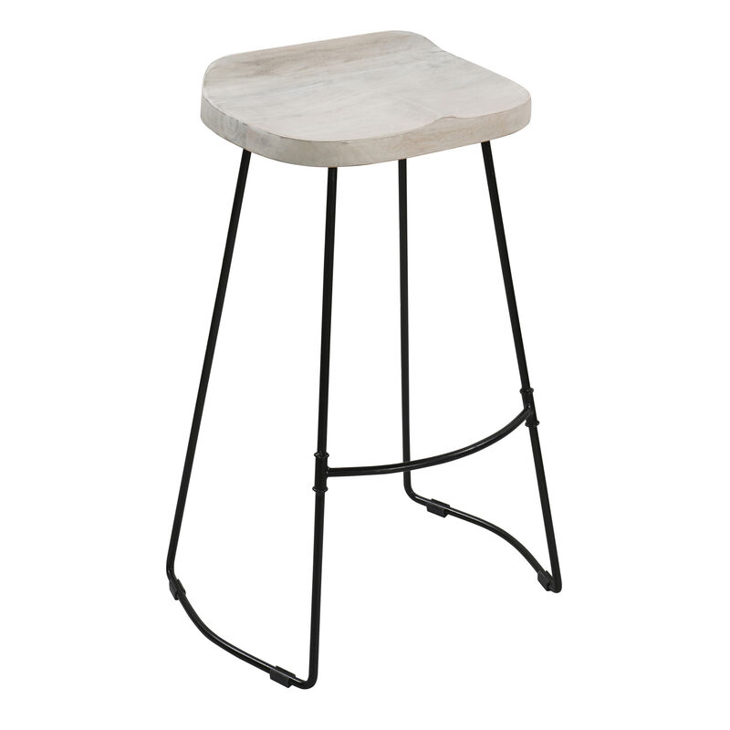 Tiva 30 Inch Handcrafted Backless Barstool, Whitewashed Mango Wood Saddle Seat, Black Metal Base - Benzara
