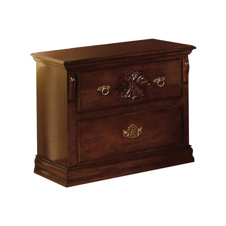 2 Drawer Wooden Nightstand with Carved Floral Accents, Dark Brown-Benzara