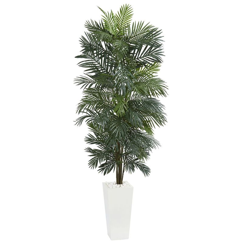 Nearly Natural 7-ft Areca Artificial Tree in White Tower Planter
