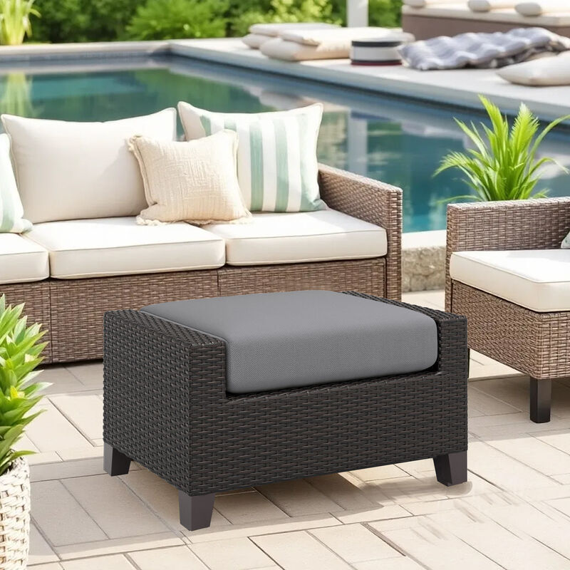 Kyl Outdoor Ottoman Set of 2, 29 Inch Gray Cushioned Top w Woven Frame - Benzara