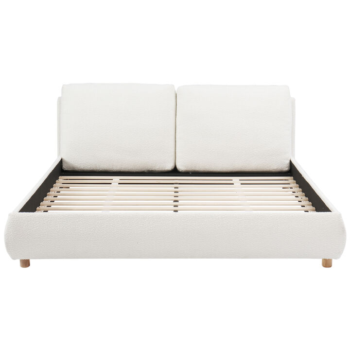 Merax Upholstered Platform Bed with Boucle Fabric & Removable Headboard Pillows