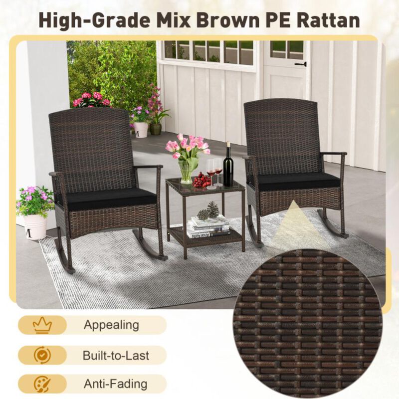 Hivvago 3 Piece Patio Rocking Set Wicker Rocking Chairs with 2-Tier Coffee Table