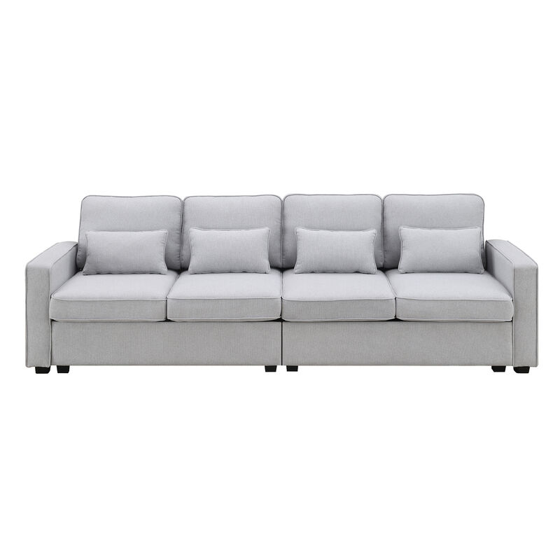 Whisen Modern Linen Fabric Sofa with Armrest Pockets and 4 Pillows, Minimalist Style Couch - Gray