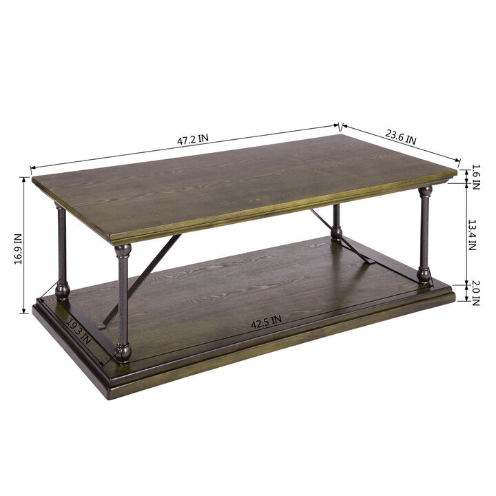 47.2"W X 23.6" D X 16.9" H Country Style Coffee Table with Bottom Shelf - BROWN & BLACK