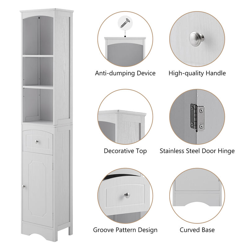 Whisen Verticle Bathroom Cabinet, Freestanding Storage Cabinet with Drawer and Adjustable Shelves