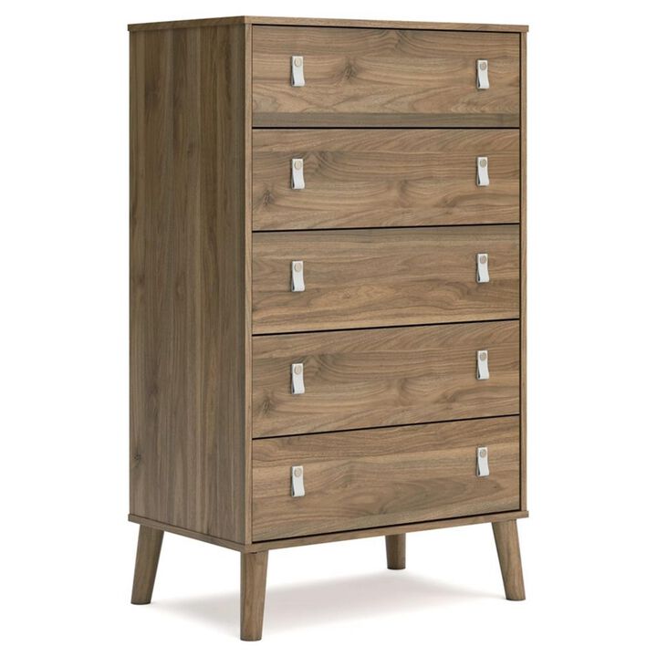 Benjara Nina 51 Inch 5 Drawer Tall Dresser Chest, Faux Leather Handles, Brown, Gray