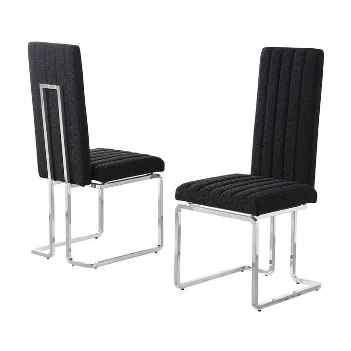 Black Boucle Fabric Silver Chrome Base Tall Back Rest Dining Chairs (Set Of 2)