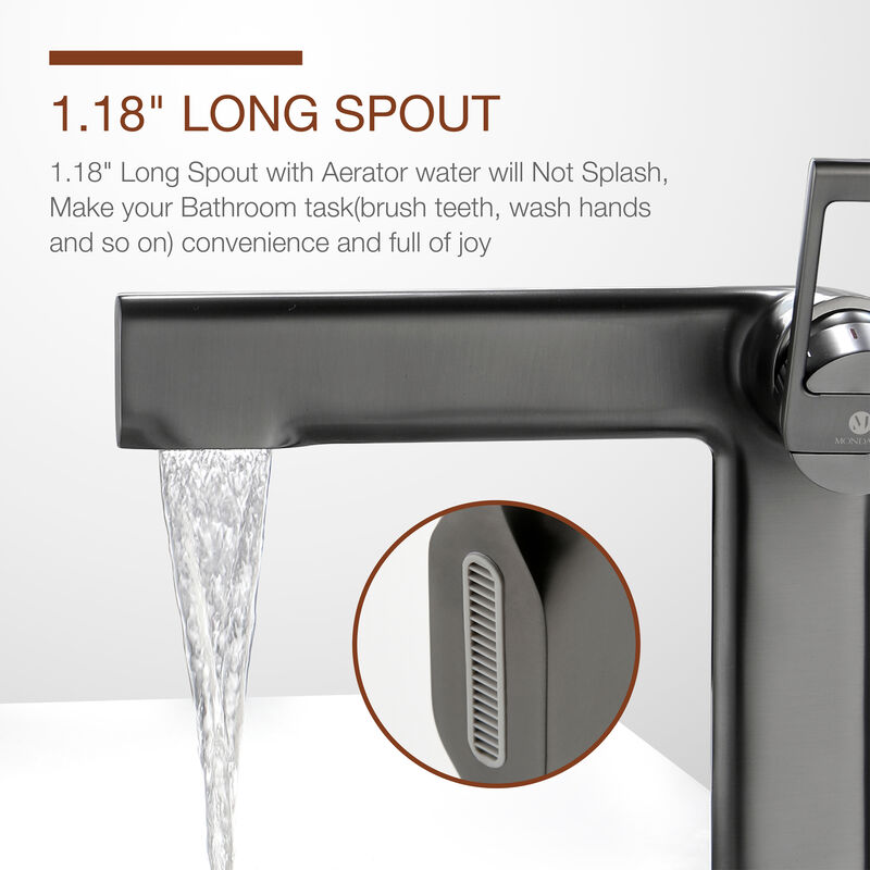 Mondawe Single Hole Modern Bathroom Faucet Long Spout Brass Bathroom Sink Faucet in Grey