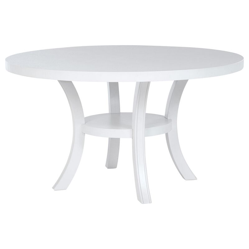 Judy Round Dining Table with Shelf and Flared Legs, White Wood 54 Inch - Benzara