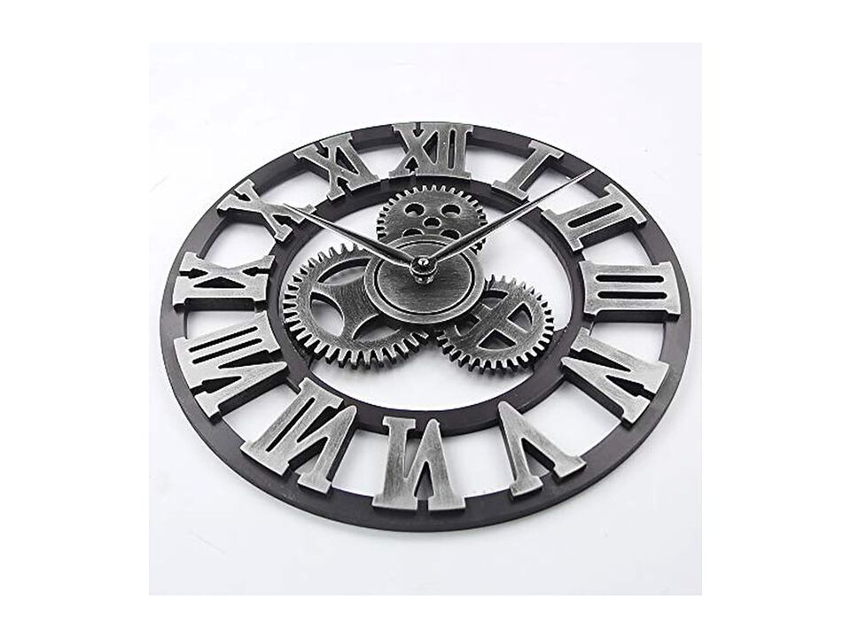 Retro Wooden Gear Rustic Vintage Silver Wall Clock 18 Inch Silent Non Ticking