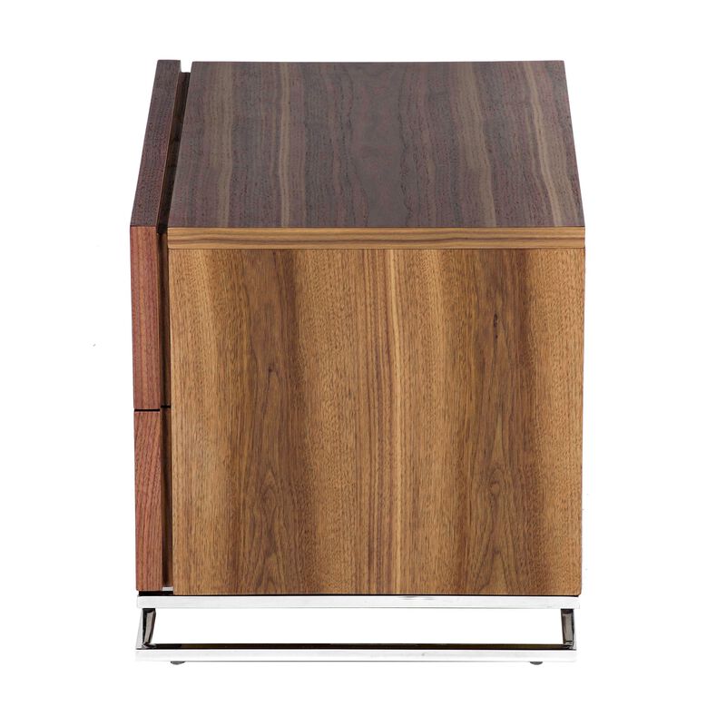Sam 20 Inch Nightstand, 2 Drawers, Walnut Brown, High Polished Metal Legs - Benzara