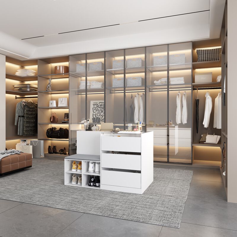Armoire Bedroom Island Wardrobe Closet Island with 9 Drawers & Glass Tabletop, Island Dresser with Cushion Bench, Closet Island for Bedroom Cloakroom White (47.2&rdquo;W x 27.5&rdquo;W x 31.5&rdquo;H) image number 8